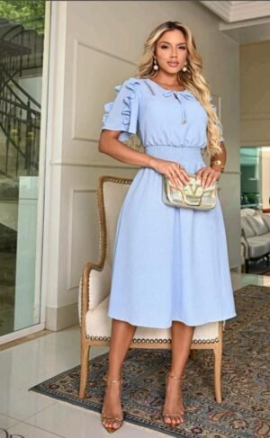 Vestido Midi Blusante Leci – Crepe Royale Azul Serenity