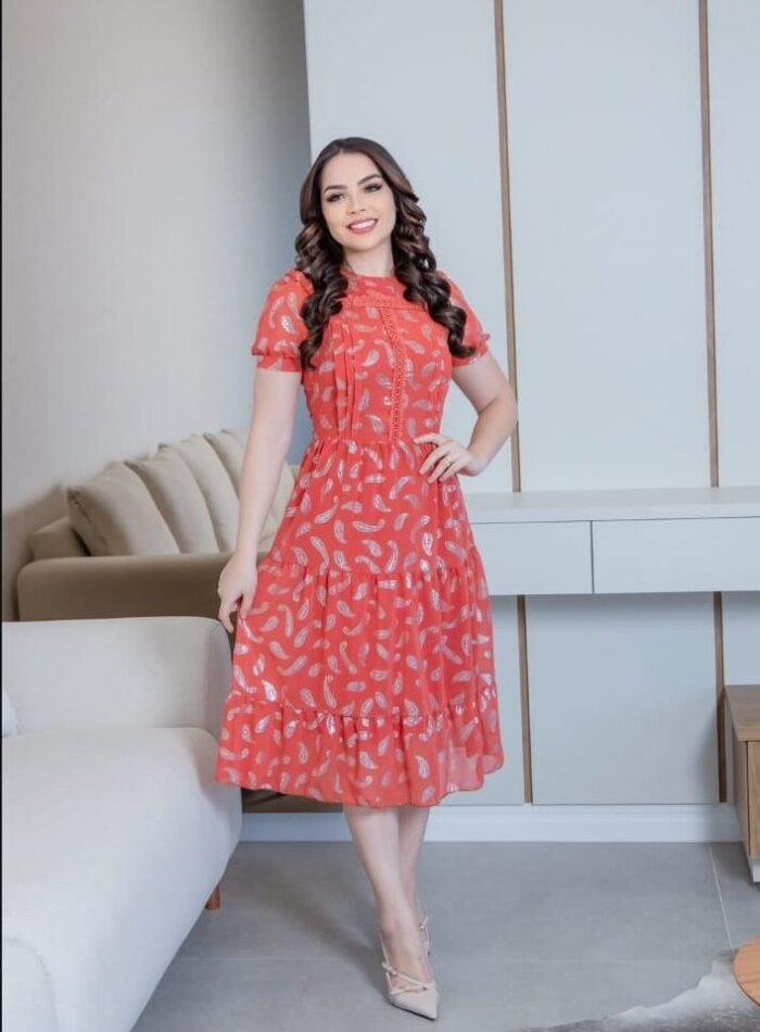 Vestido Midi Pandora - Estampa Foil Prateada & Coral