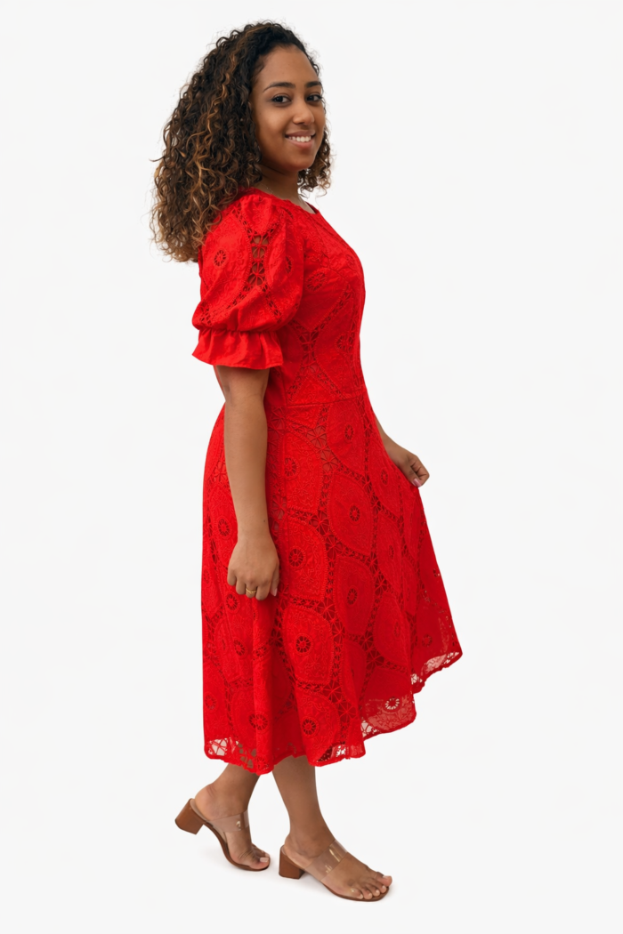 Vestido Midi Patch Guipure Geométrico & Mangas Bufantes